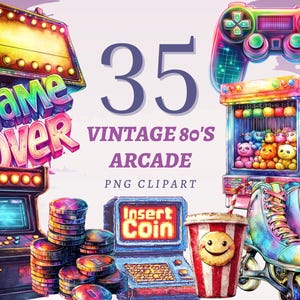 35 vintage jaren 80 arcade clipart game machines print joysticks controllers grafische drankjes neon gamer decor voor verjaardagsuitnodigingen en stickers