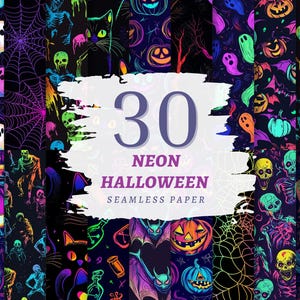 Op de afbeelding: Een set van 30 neon Halloween naadloze patronen met verschillende griezelige elementen zoals geesten, pompoenen, vleermuizen, spinnen en skeletten. De patronen zijn in levendige neonkleuren op een zwarte achtergrond.