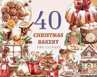 Könnte beinhalten: Aquarell-Illustration mit Weihnachtsbäckerei-Motiv. Das Bild zeigt Backwaren wie Zimtschnecken, Kekse und einen Bundkuchen. Der Text "40 Christmas Bakery PNG Clipart" ist zu sehen, zusammen mit Bildern von Heißgetränken und festlichen Dekorationen.