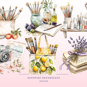 Puede incluir: Ilustraci&oacute;n en acuarela con materiales de arte, incluyendo pinceles, una c&aacute;mara y un busto. La imagen incluye limones, higos y lavanda, con el texto "SAPPHIRE DREAMSCAPE DESIGN".