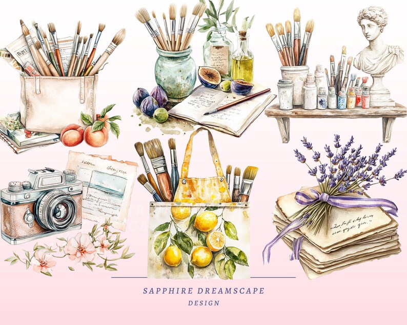 Puede incluir: Ilustraci&oacute;n en acuarela con materiales de arte, incluyendo pinceles, una c&aacute;mara y un busto. La imagen incluye limones, higos y lavanda, con el texto "SAPPHIRE DREAMSCAPE DESIGN".