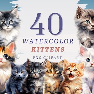 40 Watercolor Kittens Clipart, High Quality Transparent PNGs, Instant Download, Commercial Use - Cute Kitty, Funny Cats Design Bundle