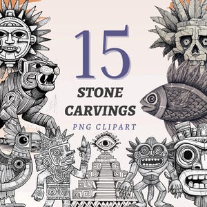 15 Rzeźby kamienne Clipart Tribal Symbol Ilustracja Starożytna skała Rysunek Sztuka Mitologia Czarno-białe Wydruki Malowidła jaskiniowe Zestaw do druku