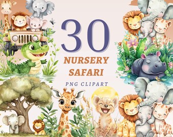 30 Nursery Safari Clipart, High Quality Transparent PNGs, Instant Download, Commercial Use - Jungle Animals prints, Savanna Animal graphics