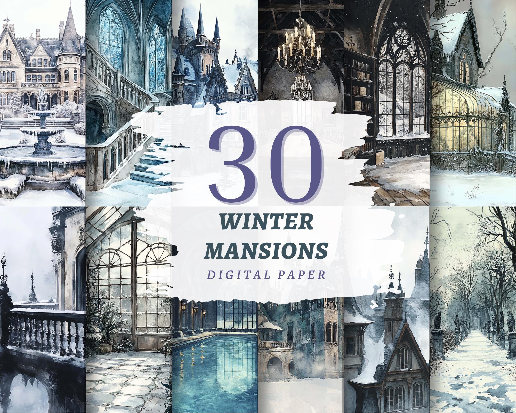 Winter Mansions Digital Paper Pack, Snowy Gothic Manor Interiors and ...
