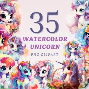 35 Aquarell Einhörner Clipart, hochwertige transparente PNG Dateien, sofortiger Download, kommerzielle Nutzung - magisches Wunderland, Einhörner Printables-Set