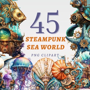 45 Steampunk Sea World Clipart, hochwertige transparente PNGs, sofortiger Download, kommerzielle Nutzung - Uhrwerk Meerestiere, Sealife Printables
