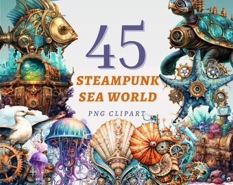 45 Steampunk Sea World Clipart, High Quality Transparent PNGs, Instant Download, Commercial Use - Clockwork Sea Animals, Sealife Printables