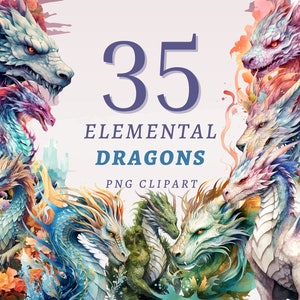 35 imágenes prediseñadas de dragones elementales, PNG transparentes de alta calidad, descarga instantánea, uso comercial - Paquete de imágenes PNG de dragones de fantasía, set para scrapbooking