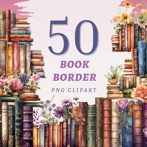 50 livres bordure clipart, PNG transparents de haute qualité, téléchargement immédiat, usage commercial - conception de livres de bibliothèque, ensemble d'oeuvres d'art d'étagère