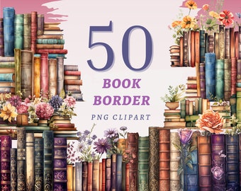 50 Book Border Clipart, High Quality Transparent PNGs, Instant Download, Commercial Use - Library Books design, Bookshelf artwork set