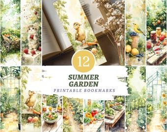 Set di segnalibri stampabili a tema giardino estivo, kit di segnalibri naturalistici per serra, segnalibri floreali, frutta e animali, regalo in stile cottagecore per gli amanti dei libri.