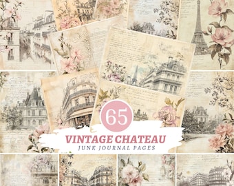 French Chateau Paris Vintage Junk Journal Pages, Shabby Chic Pink Floral Digital Scrapbook Paper, Antique Eiffel Tower Printable Download