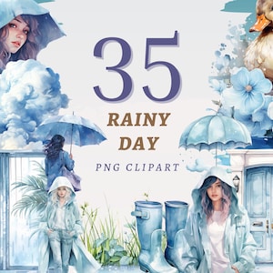 35 Rainy Day Clipart, High Quality Transparent PNGs, Instant Download, Commercial Use - Raining Storm printable, Raincoat Women print bundle