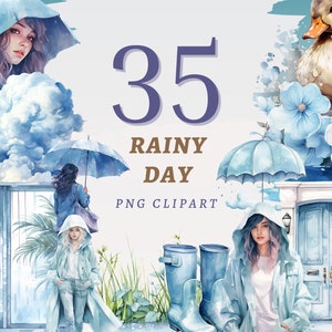 35 Rainy Day Clipart, High Quality Transparent PNGs, Instant Download, Commercial Use - Raining Storm printable, Raincoat Women print bundle