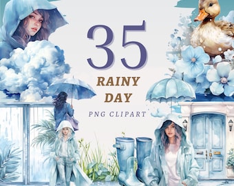 35 Rainy Day Clipart, High Quality Transparent PNGs, Instant Download, Commercial Use - Raining Storm printable, Raincoat Women print bundle