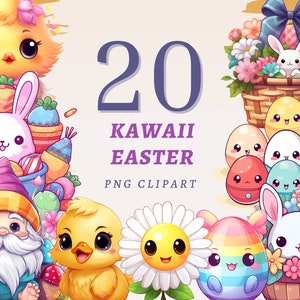 20 cliparts de Pâques kawaii, PNG transparents de haute qualité, téléchargement immédiat, usage Commercial - aquarelles lapins de Pâques, ensemble d'imprimés floraux