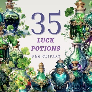 35 imágenes prediseñadas de pociones de suerte, PNG transparentes de alta calidad, descarga instantánea, uso comercial - poción de la suerte floral verde, obras de arte de elixir irlandés