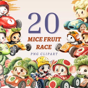 20 Ratos Fruta Corrida Clipart Ratinho Bonito Arte Pacote Bebê Carros Ilustração para Festa de Aniversário Infantil Imprimível Aquarela Vegetal Gráficos
