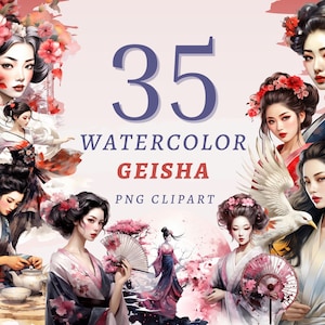 35 aquarel Geisha clipart, transparante PNG's van hoge kwaliteit, direct downloaden, commercieel gebruik - Japanse mode png-bundel, Aziatische kunstprint