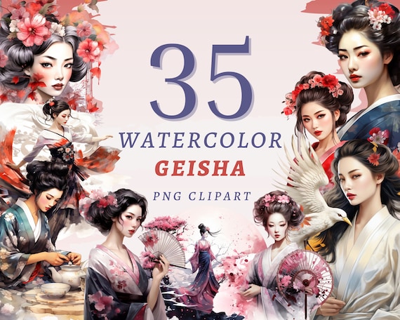 35 Watercolor Geisha Clipart, High Quality Transparent PNGs, Instant Download, Commercial Use - Japanese Fashion png bundle, Asian Art Print