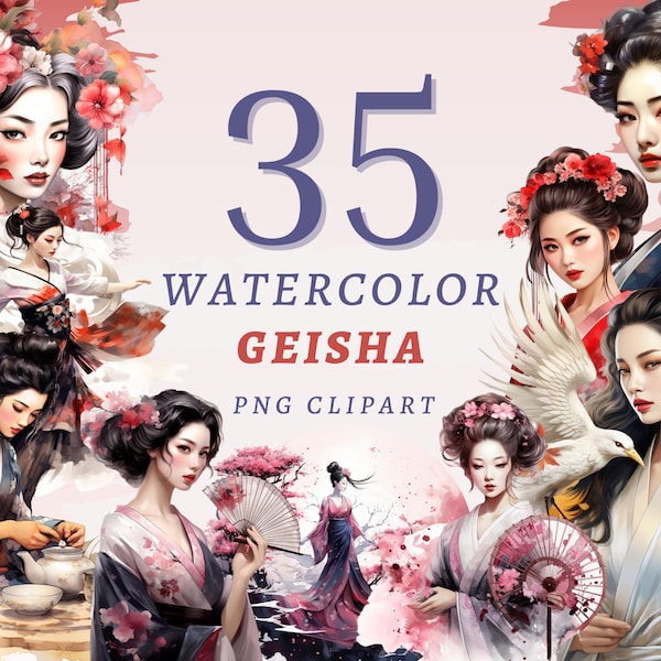 35 Watercolor Geisha Clipart, High Quality Transparent PNGs, Instant Download, Commercial Use - Japanese Fashion png bundle, Asian Art Print