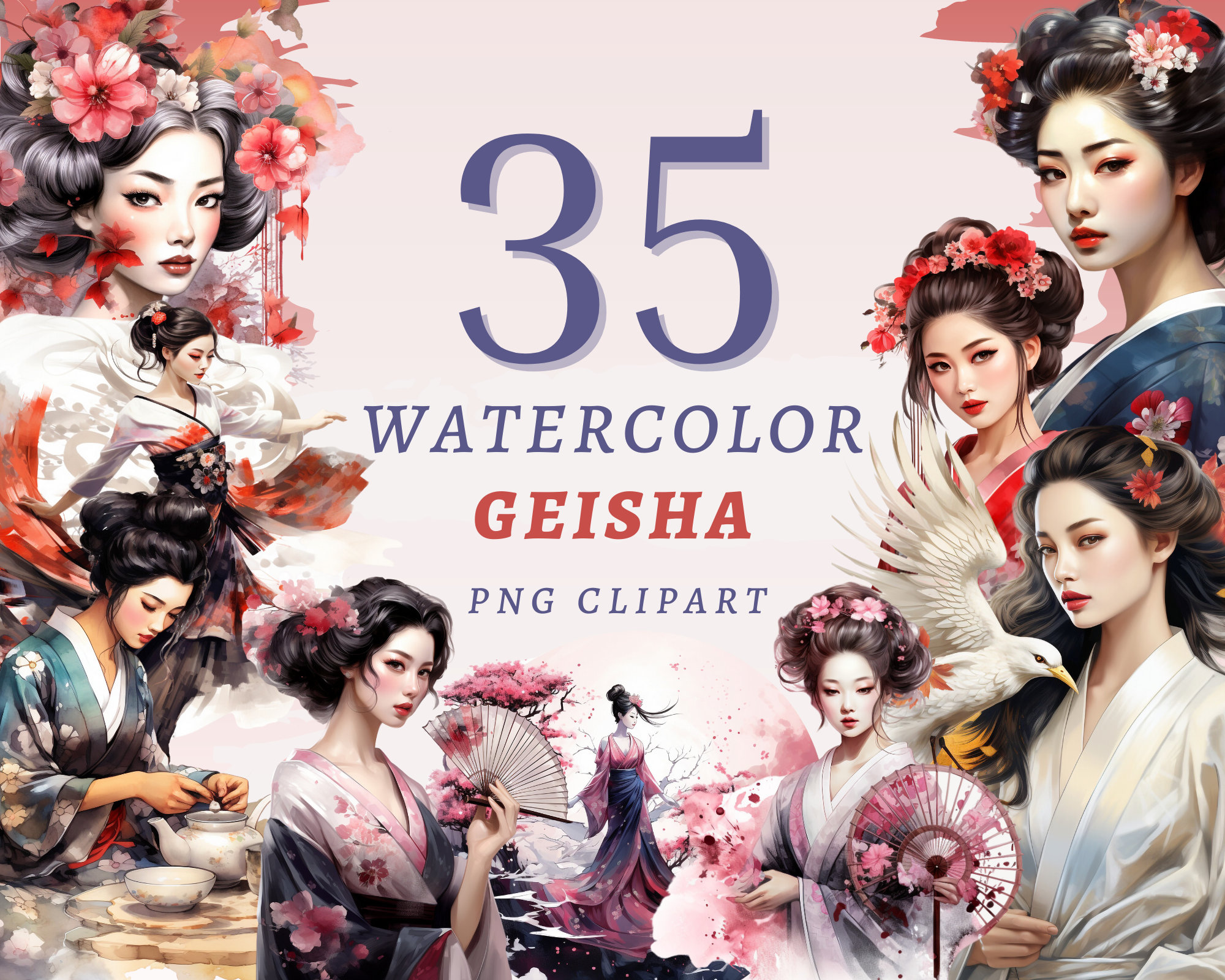 35 Watercolor Geisha Clipart, High Quality Transparent PNGs, Instant Download, Commercial Use - Japanese Fashion png bundle, Asian Art Print