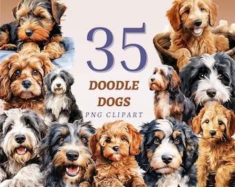 35 Doodle Dogs Clipart Set with Watercolor Labradoodle Goldendoodle Bernedoodle and Cavapoo PNGs Cute Pet Artwork for Printable Decor Art