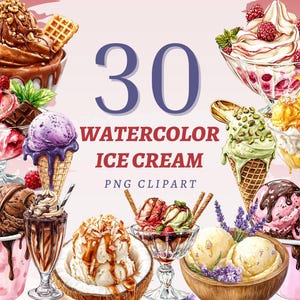 30 Clipart di gelato ad acquerello, PNG trasparenti di alta qualità, download immediato, uso commerciale - Grafica di sorbetto gustoso, grafica di dessert estivi