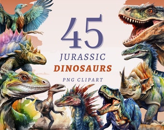 Może przedstawiać: Kolekcja 45 ilustracji dinozaurów jurajskich w stylu akwarelowym. Dinozaury są przedstawione w różnych pozach i kolorach, w tym zielonym, niebieskim, czerwonym i brązowym. Tekst "45 JURASSIC DINOSAURS PNG CLIPART" jest wyświetlany w środku obrazu.