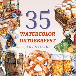以下が含まれることがあります： 「35 WATERCOLOR OKTOBERFEST PNG CLIPART」のテキストが入った水彩イラスト。伝統的なドイツの衣装を着た人々、ビールジョッキ、プレッツェル、食べ物が描かれており、お祭り気分を醸し出しています。