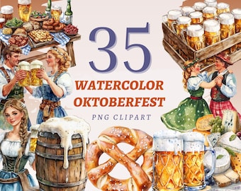May include: Watercolor illustration with the text "35 WATERCOLOR OKTOBERFEST PNG CLIPART". The image features people in traditional German attire, beer steins, pretzels, and food, evoking a festive atmosphere.