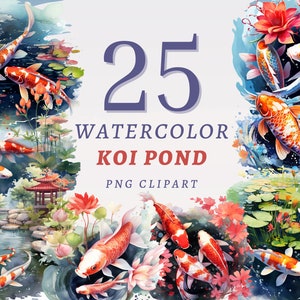 25 Aquarelle Koi Pond Clipart, PNG transparents de haute qualité, Téléchargement instantané, Utilisation commerciale - Carps artwork bundle, Nature Junk Journal