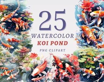 25 Watercolor Koi Pond Clipart, High Quality Transparent PNGs, Instant Download, Commercial Use - Carps artwork bundle, Nature Junk Journal