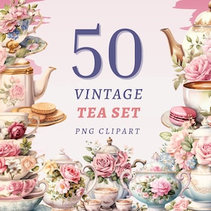 50 vintage theeservies clipart, hoge kwaliteit transparante PNGs, Instant Download, commercieel gebruik-theetijd PNG, aquarel bloemen theepot mok