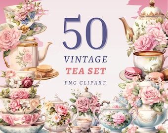 May include: Watercolor illustration of a vintage tea set with teacups, teapots, and floral arrangements. The image includes the text "50 Vintage Tea Set PNG Clipart" in a pink and blue color scheme. The tea set is decorated with pink roses.