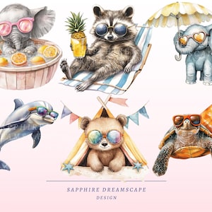 May include: A set of watercolor illustrations featuring various animals wearing sunglasses and enjoying summer activities. A grey elephant is in a bathtub with oranges, a raccoon is relaxing on a beach chair, a grey elephant is holding an umbrella, a dolphin is swimming with a beach ball, a brown bear is in a tent, and a turtle is riding a surfboard.