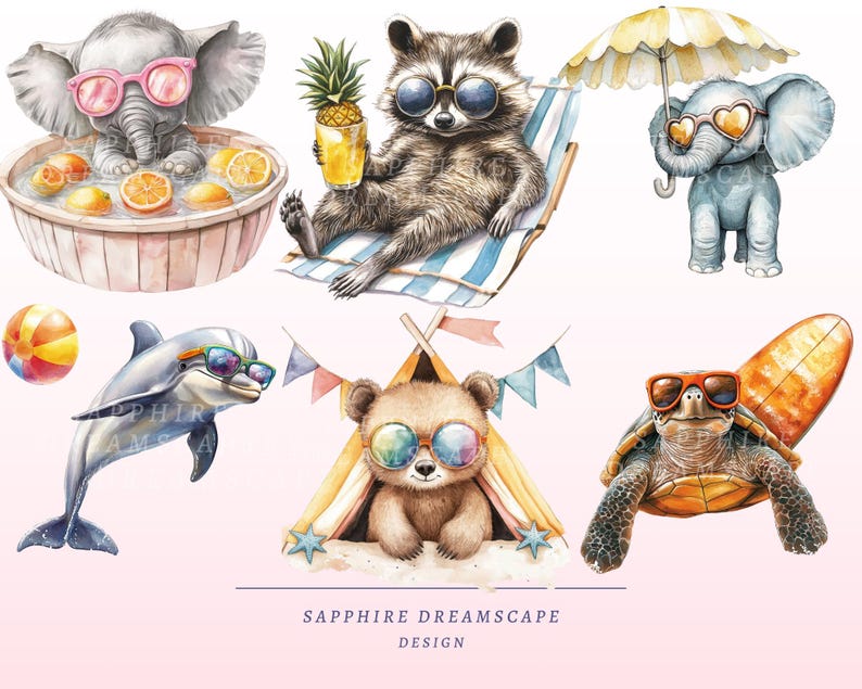 May include: A set of watercolor illustrations featuring various animals wearing sunglasses and enjoying summer activities. A grey elephant is in a bathtub with oranges, a raccoon is relaxing on a beach chair, a grey elephant is holding an umbrella, a dolphin is swimming with a beach ball, a brown bear is in a tent, and a turtle is riding a surfboard.