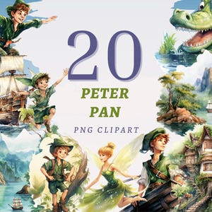 20 Peter Pan Clipart, PNGs transparentes de alta qualidade, download instantâneo, uso comercial - pacote gráfico Tinker Bell, conjunto de obras de arte Neverland