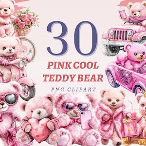 30 Pink Cool Teddy Bear Clipart, High Quality Transparent PNGs, Instant Download, Commercial Use - Sassy Toy Illustrations, Girly Plush set