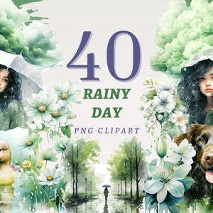 40 cliparts jour de pluie, PNG transparents de haute qualité, téléchargement immédiat, usage commercial - imprimable orage de pluie, imperméable femmes impression Bundle
