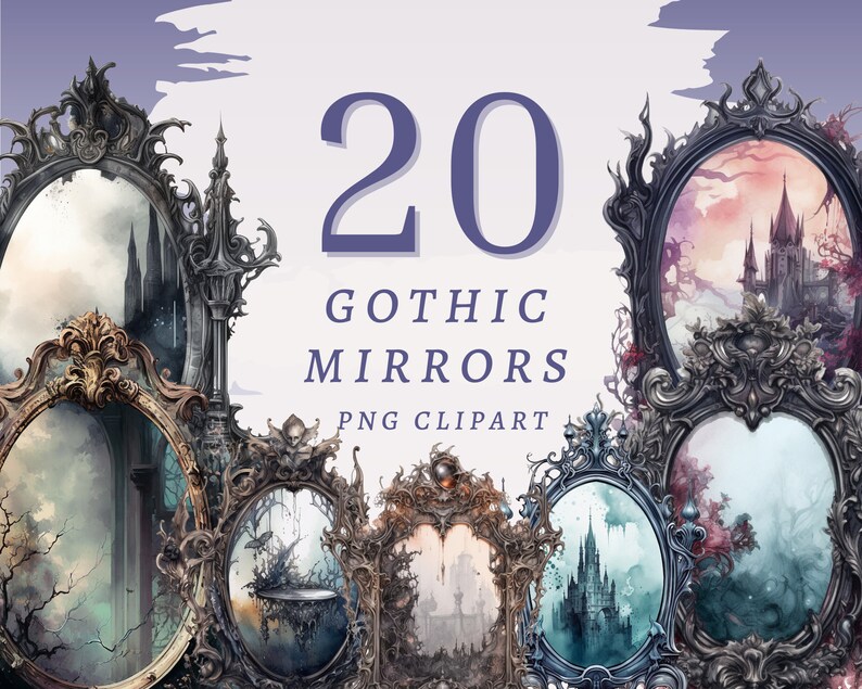 Puede incluir: 20 Cliparts PNG de espejos g&oacute;ticos. Una colecci&oacute;n de 20 ilustraciones digitales de espejos de estilo g&oacute;tico ornamentados, con detalles intrincados y fondos oscuros y melanc&oacute;licos.