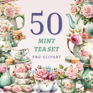 50 Mint Tea Set Clipart, Hoge kwaliteit transparante PNGs, Instant Download, Commercieel gebruik - Tea Time png, Aquarel Bloemen Theepot Mok