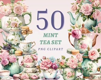 May include: A set of 50 watercolor illustrations of mint green teacups, teapots, and saucers decorated with pink roses and green leaves. The text "50 MINT TEA SET PNG CLIPART" is displayed in the center of the image.