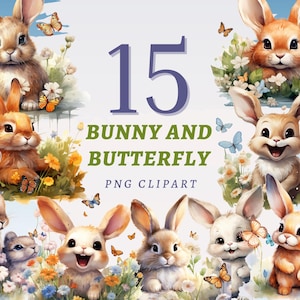15 imágenes prediseñadas de conejito y mariposa, PNG transparente de alta calidad, descarga instantánea, uso comercial - Arte de animales del bosque, adorable primavera png