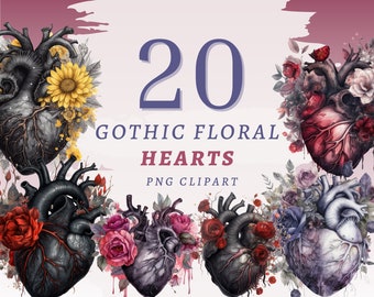 20 imágenes prediseñadas de corazones florales góticos, PNG transparentes de alta calidad, descarga instantánea, uso comercial - Ilustraciones anatómicas de San Valentín