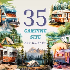 35 Camping Clipart, Hoge kwaliteit transparante PNG's, Instant Download, Commercieel gebruik - Outdoor Travel Illustratie, Caravans ontwerpset