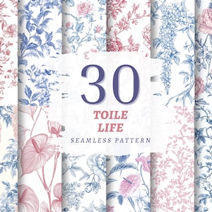 Wzór kwiatowy w stylu vintage toile, bezszwowe niebieskie róże, piwonie, powtarzające się kafelki, wzór na tkaninie do druku, cyfrowy do pobrania