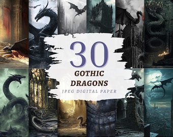 May include: A digital art collage featuring 30 Gothic dragons in various settings. The images showcase dragons in dark, gothic environments with castles, ruins, and dramatic skies. Text reads "30 Gothic Dragons JPEG Digital Paper."