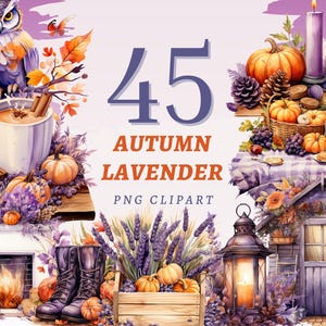 45 cliparts lavande automne, PNG transparents de haute qualité, téléchargement immédiat, usage commercial - oeuvres de citrouilles rustiques, dessins de fleurs d'automne